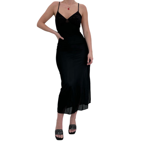 90s Vintage Black Satin Bodycon Dress [S]