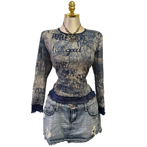 90s Vintage Blue Lace Words Top [L]