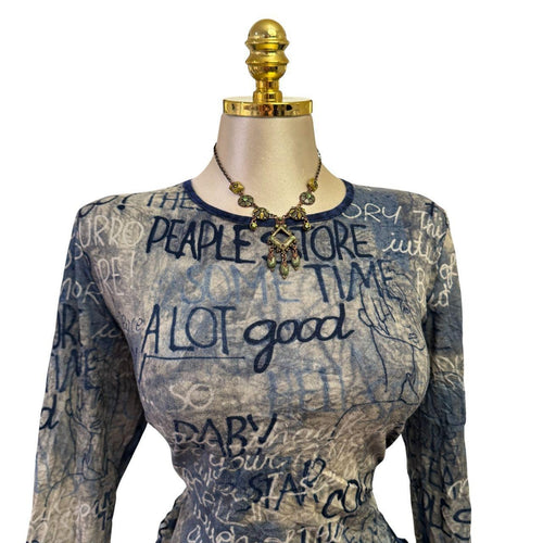 90s Vintage Blue Lace Words Top [L]