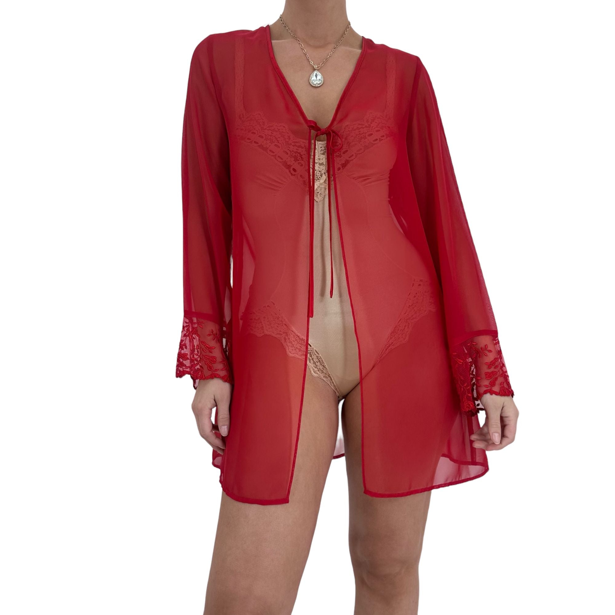 90s Vintage Frederick's of Hollywood Red Sheer Robe [M]