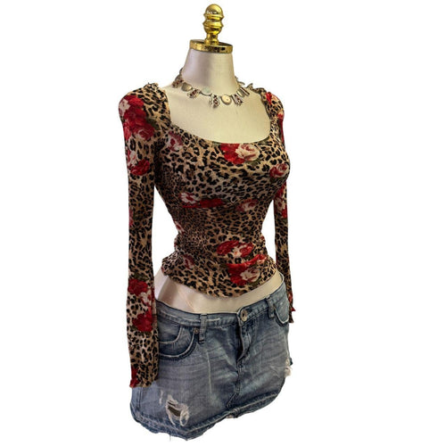 90s Vintage Cheetah Red Floral Square Neck Top  [XS]