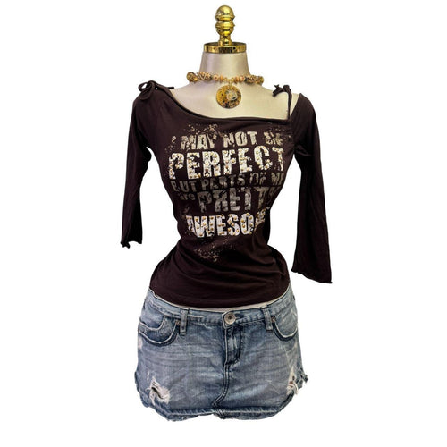Y2K Vintage Brown Words Perfect Awesome Top  [S]
