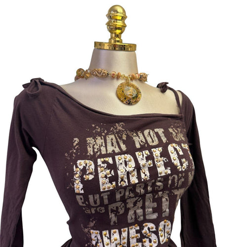 Y2K Vintage Brown Words Perfect Awesome Top  [S]