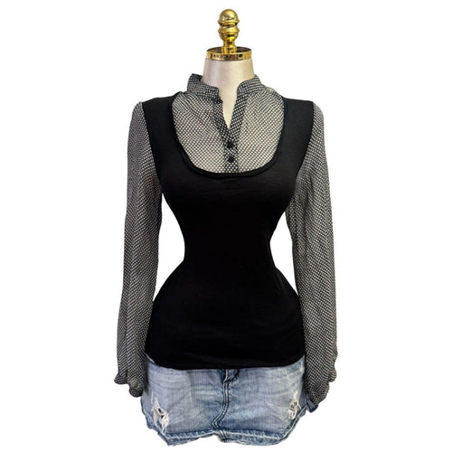 Y2K Vintage Black White Floral Sheer Sleeve Top  [M]