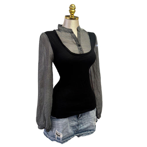 Y2K Vintage Black White Floral Sheer Sleeve Top  [M]