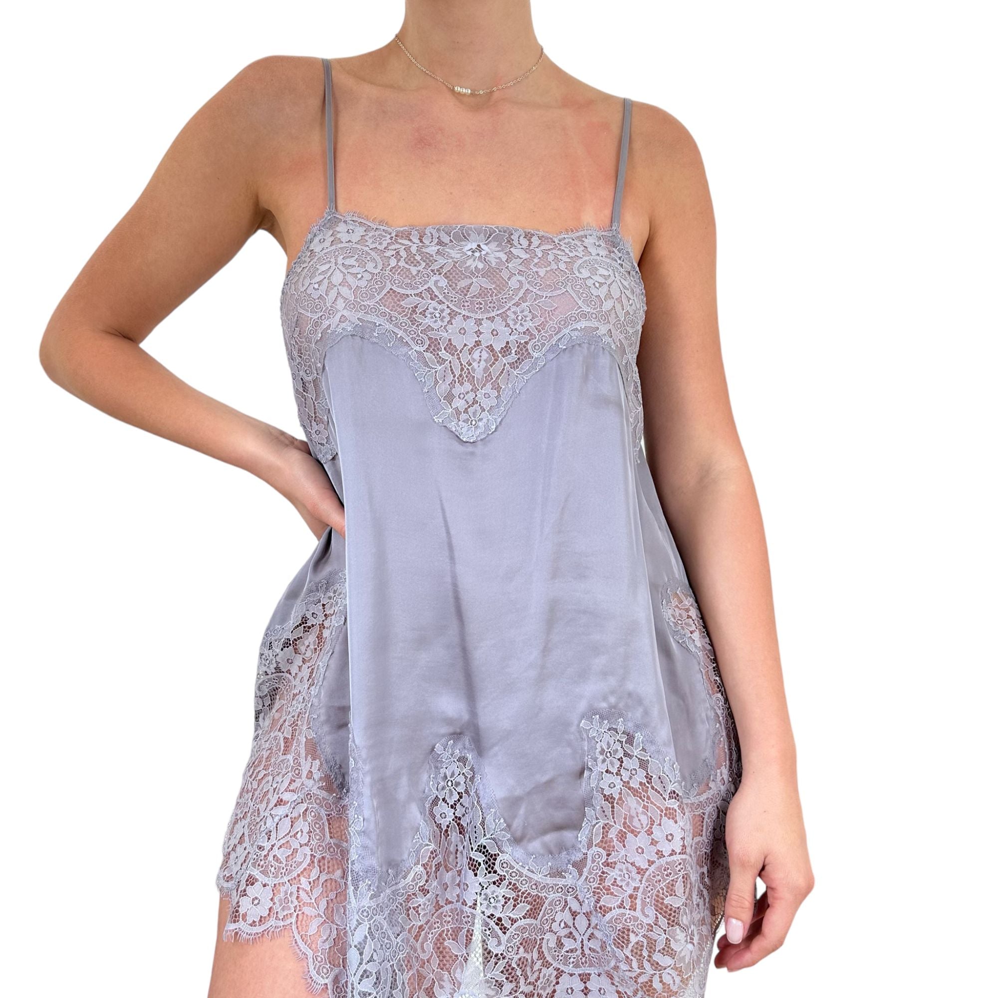 Y2k Vintage Victoria's Secret Grey Lavender Floral Lace Slip Dress [M]