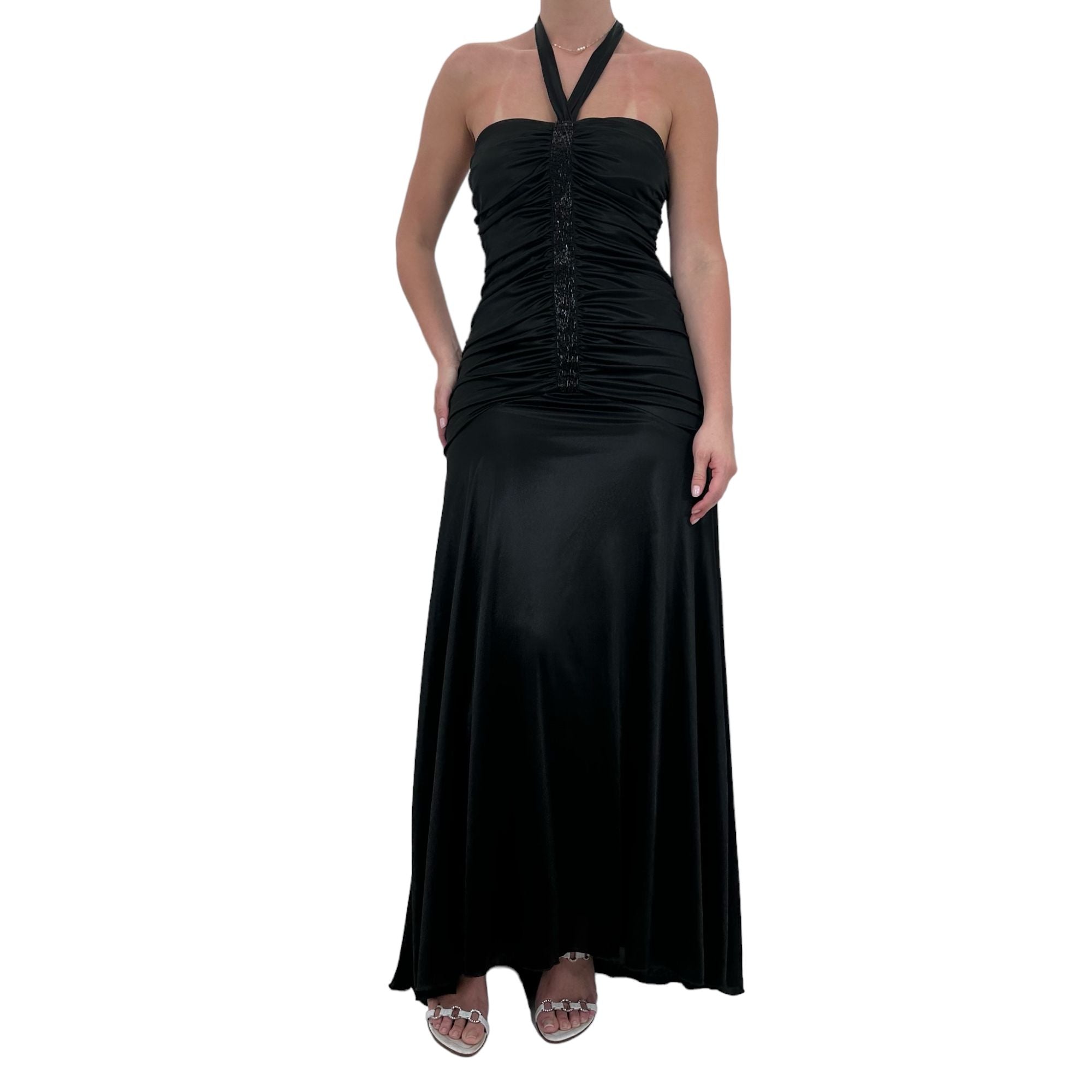 Y2k Vintage Black Satin Halter Crinkled Maxi Dress [M]
