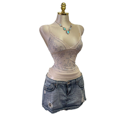 90s Vintage Imporio Armani Cream Light Blue Floral Mesh Top [S]