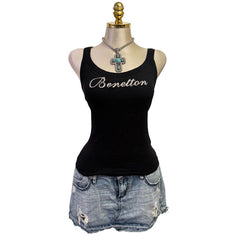 Y2K Vintage Black Benetton Silver Glitter Tank Top  [M]
