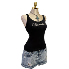 Y2K Vintage Black Benetton Silver Glitter Tank Top  [M]