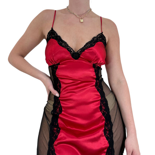 90s Vintage Frederick's of Hollywood Red + Black Satin Sheer Slip Dress [XL]
