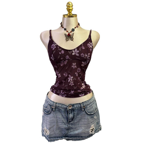 90s Vintage Purple Floral Mesh Top [XS]