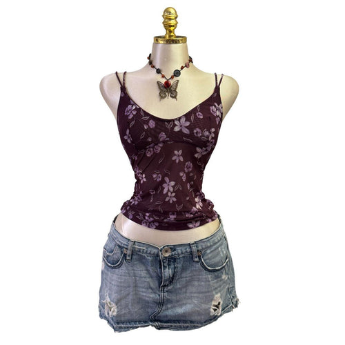 90s Vintage Purple Floral Mesh Top [XS]