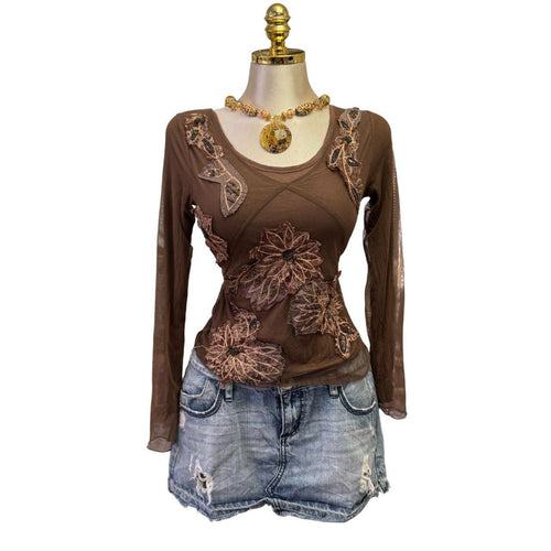Y2K Vintage Brown Embroidered Floral Top [M]