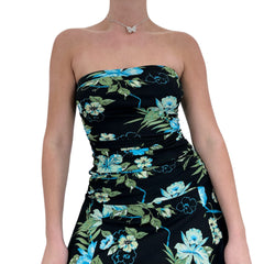 Y2k Vintage Black Blue + Green Floral Strapless Dress [S]