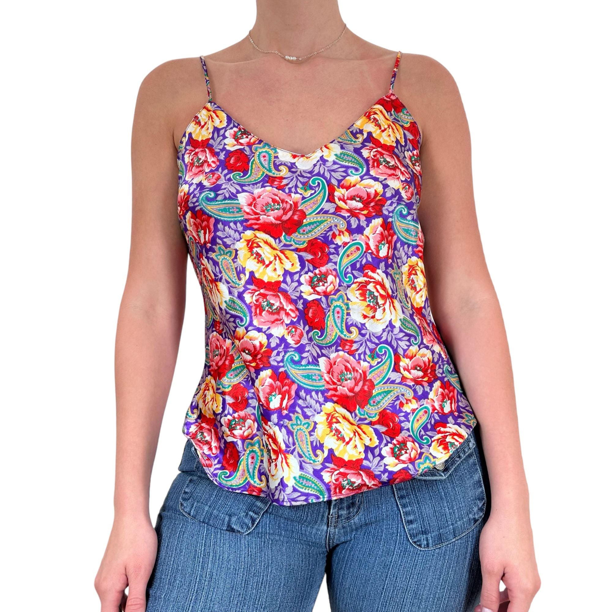 90s Vintage Red Yellow + Purple Paisley Floral Satin Tank Top [L]