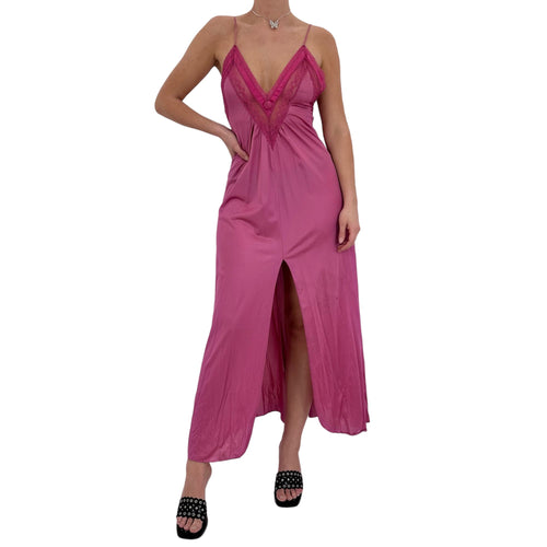 90s Vintage Pink Front Slit Maxi Slip Dress [S-M]