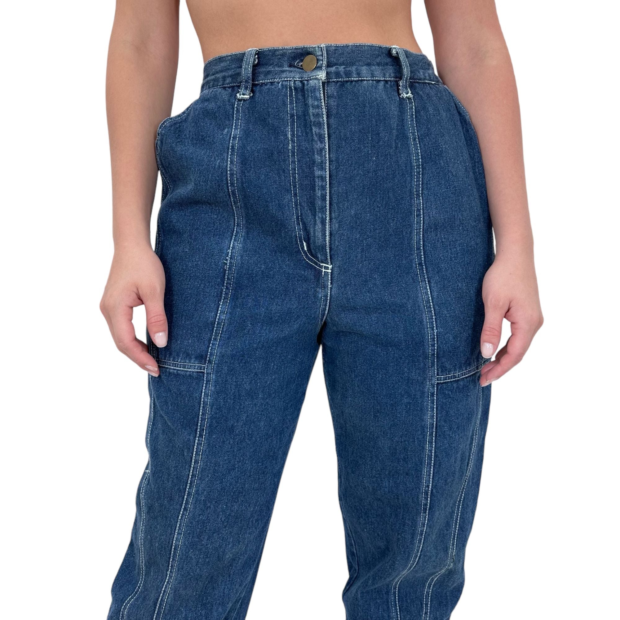 90s Vintage Blue and White Stitch High Waist Jeans [L]