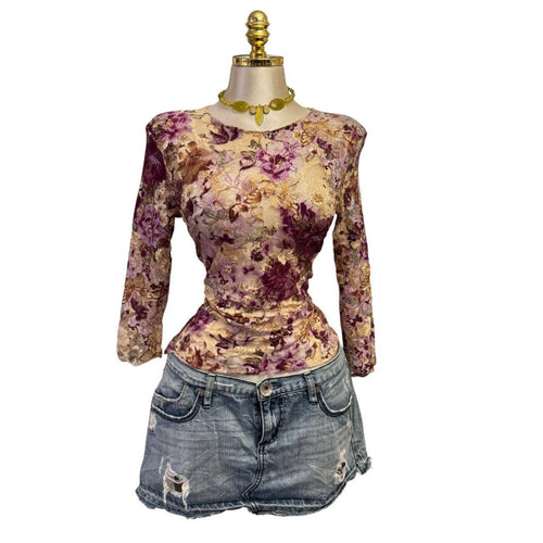 Y2K Vintage Purple Brown Mesh Floral Lace Top  [M]