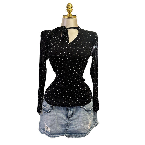 Y2K Vintage Black White Flower Polka Dot Mesh Top  [M]