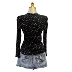 Y2K Vintage Black White Flower Polka Dot Mesh Top  [M]