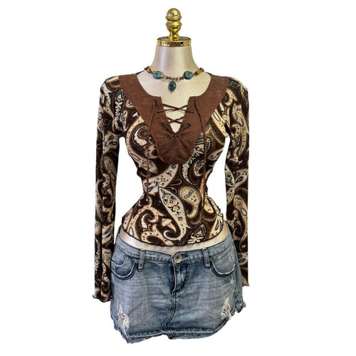 Y2K Vintage Brown Paisley Suede Tie Front Top [M]