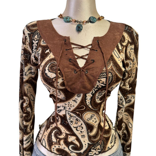 Y2K Vintage Brown Paisley Suede Tie Front Top [M]