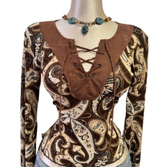 Y2K Vintage Brown Paisley Suede Tie Front Top [M]