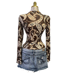 Y2K Vintage Brown Paisley Suede Tie Front Top [M]