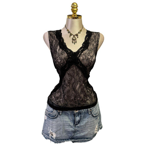 90s Vintage Black Beige Floral Lace Top [L]
