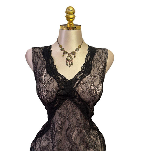 90s Vintage Black Beige Floral Lace Top [L]