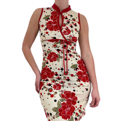 Y2k Vintage White Red + Black Floral Cheongsam Dress [S]