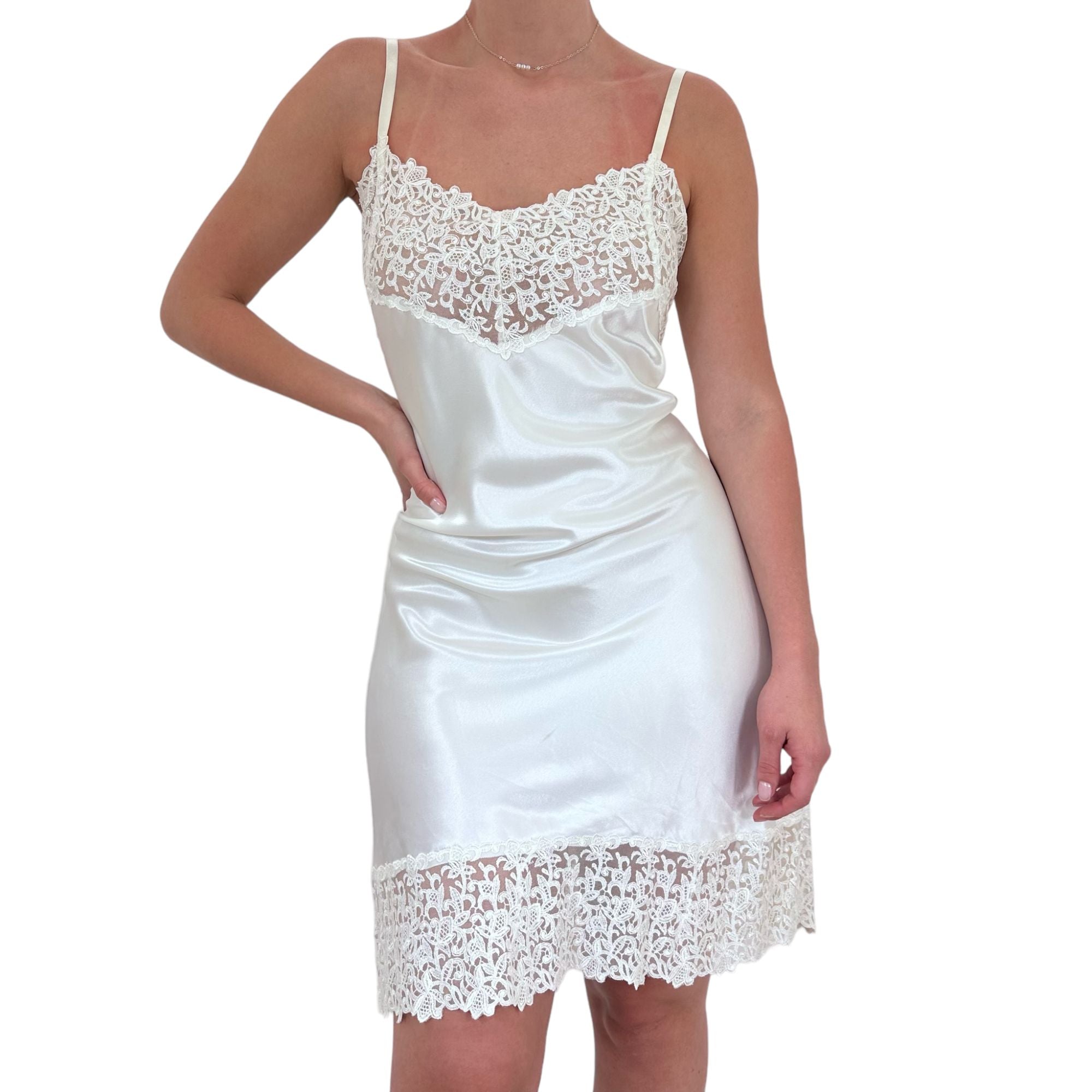90s Vintage White Floral Lace Satin Slip Dress [M, L]