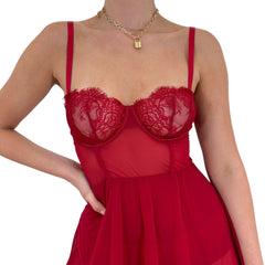Y2k Vintage Red Mesh w/ Garters Slip Dress [S]