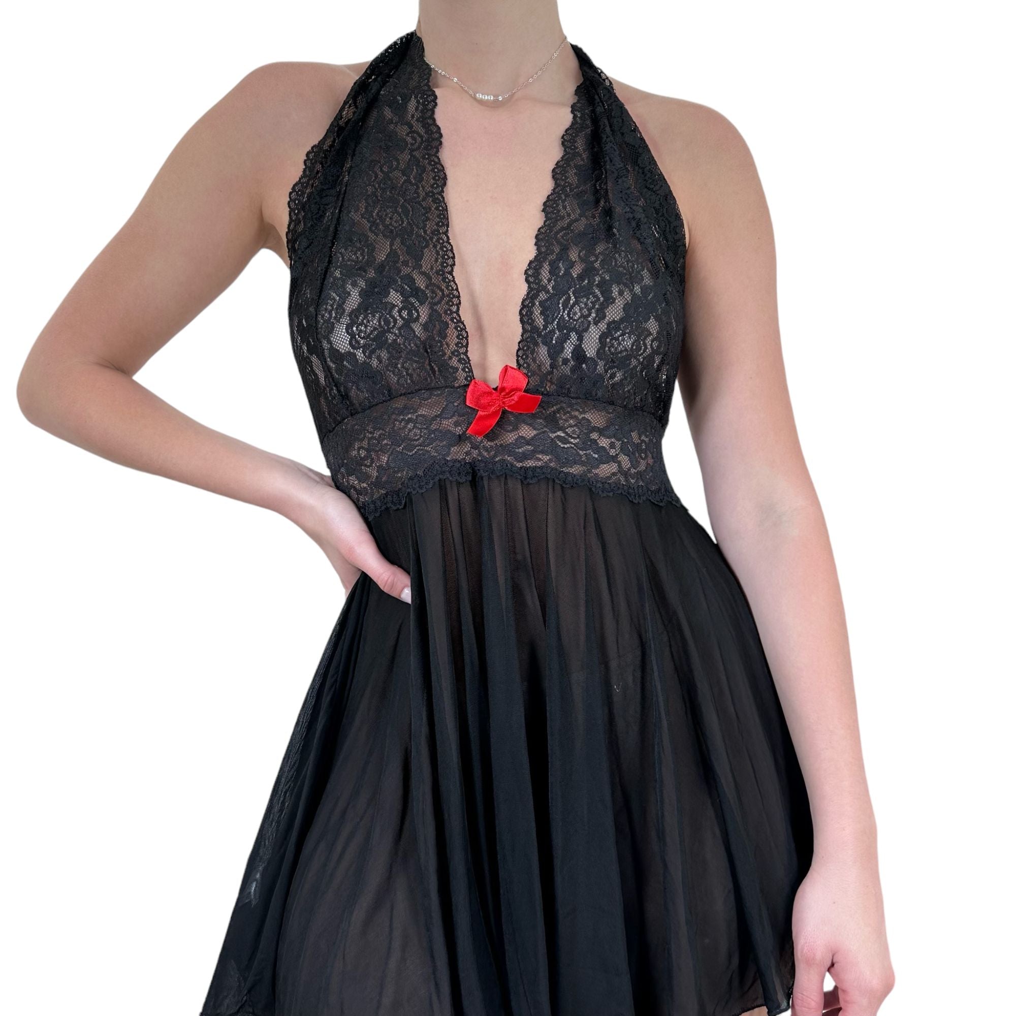 Y2k Vintage Black Lace Floral Halter Slip Dress [M]