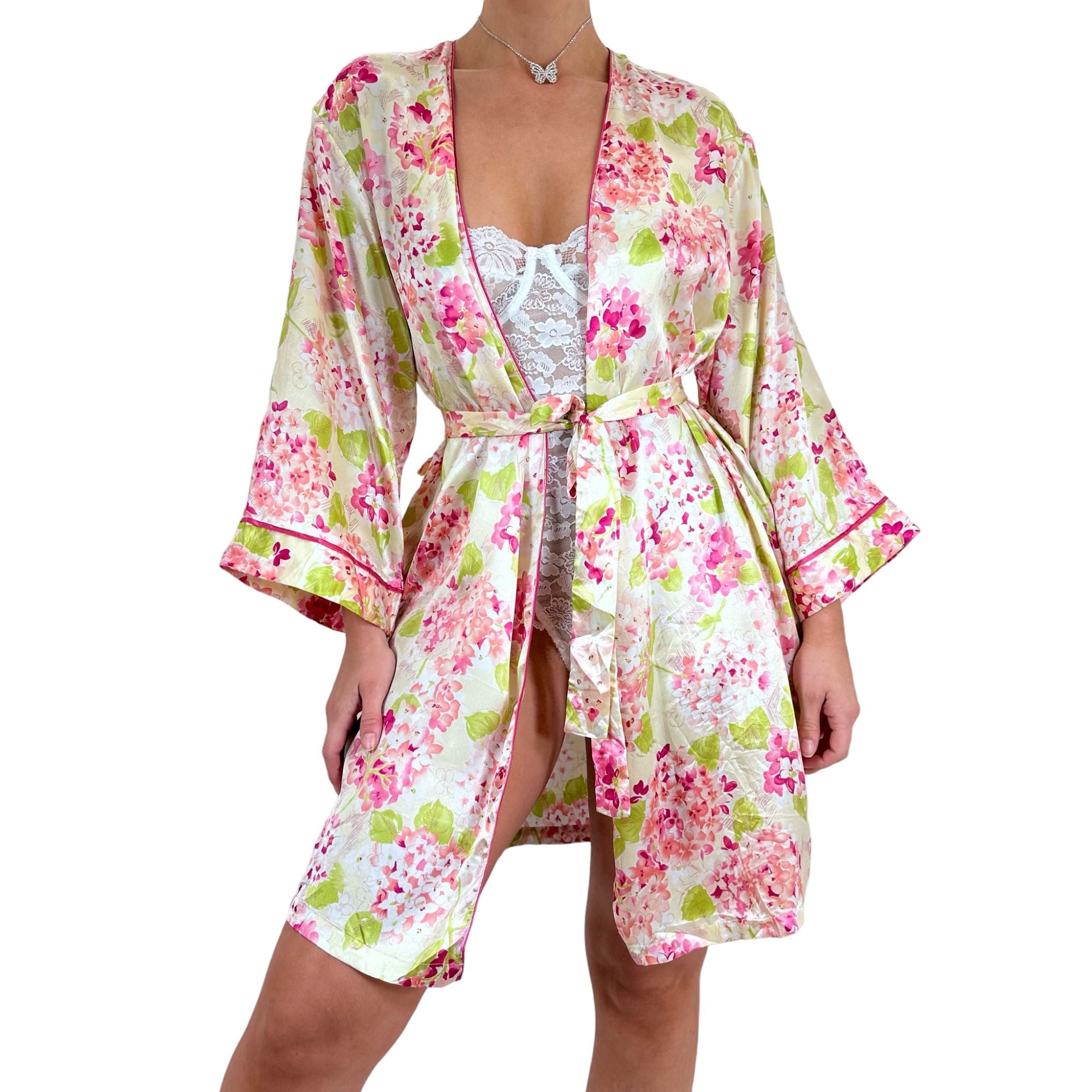 Y2k Vintage Pink Yellow + Green Floral Satin Robe [S-L]