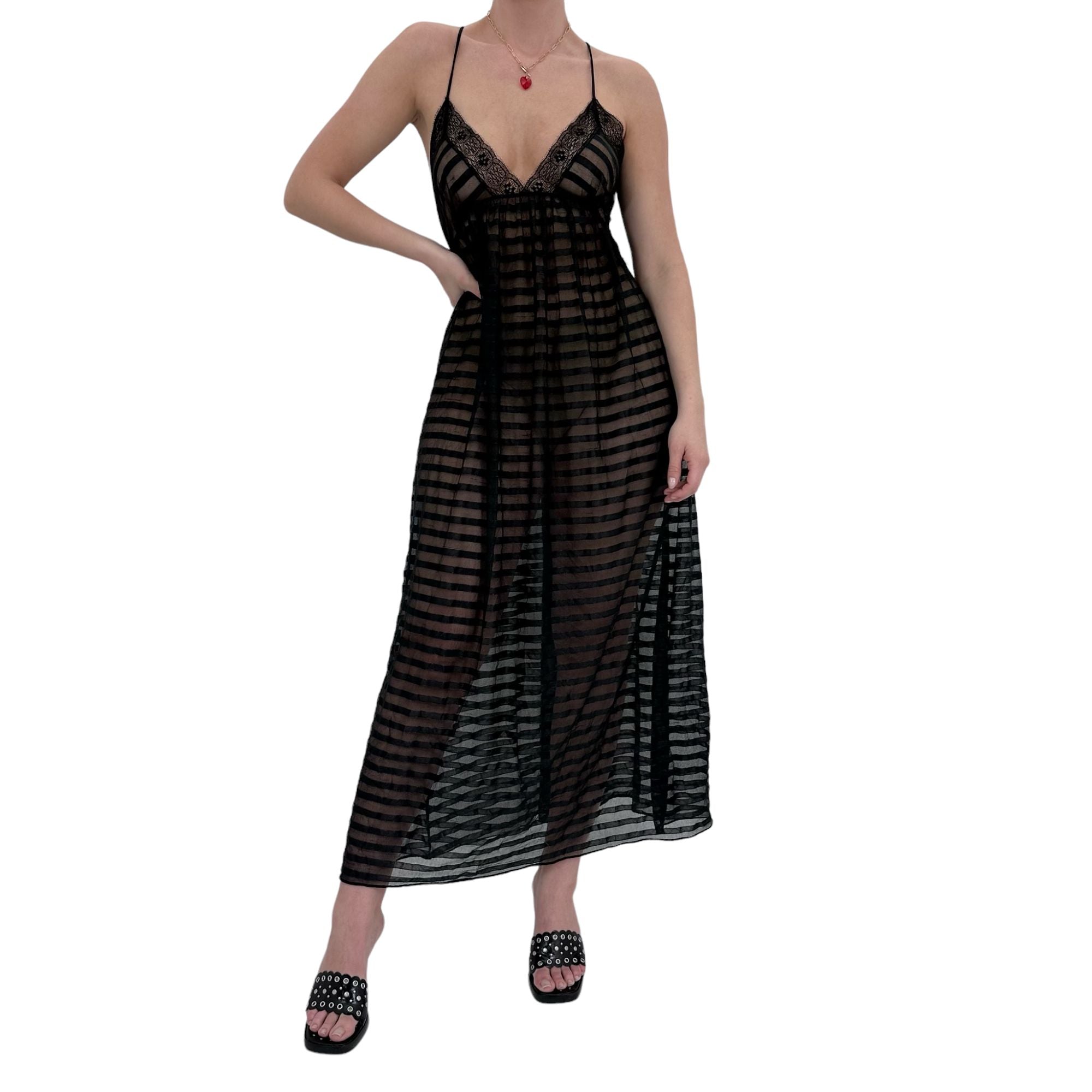 90s Rare Vintage Black Striped Maxi Slip Dress [M]