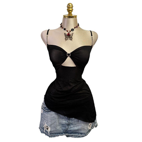 Y2K Vintage Black Mesh With Rhinestones Asymmetrical Top  [L]
