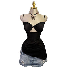 Y2K Vintage Black Mesh With Rhinestones Asymmetrical Top  [L]