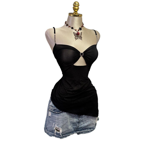 Y2K Vintage Black Mesh With Rhinestones Asymmetrical Top  [L]