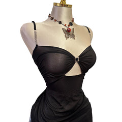 Y2K Vintage Black Mesh With Rhinestones Asymmetrical Top  [L]