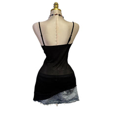 Y2K Vintage Black Mesh With Rhinestones Asymmetrical Top  [L]