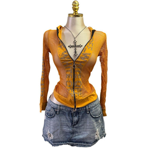 90s Vintage Yellow Off White Bedazzled Mesh Top  [XS]