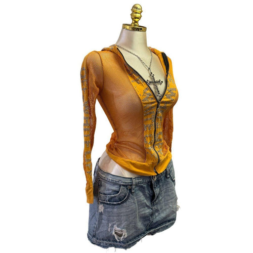 90s Vintage Yellow Off White Bedazzled Mesh Top  [XS]