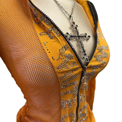 90s Vintage Yellow Off White Bedazzled Mesh Top  [XS]