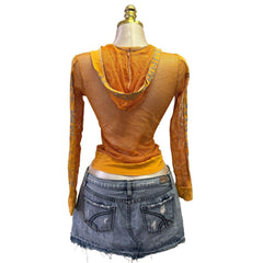 90s Vintage Yellow Off White Bedazzled Mesh Top  [XS]