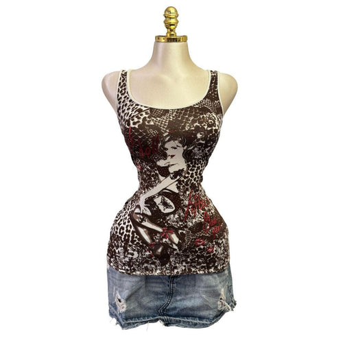 Y2k Vintage "Rock Doll" Brown Graphic Tank Top [S]