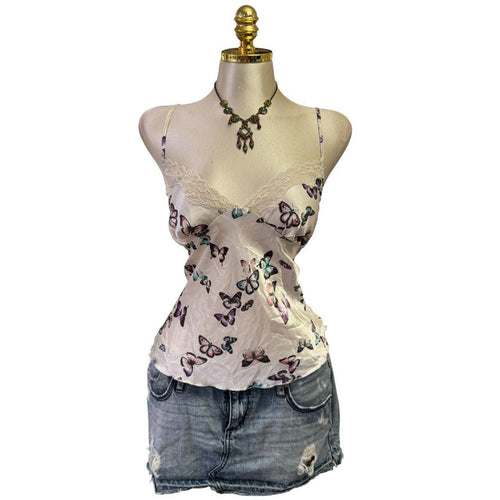 90s Vintage Satin Ivory Multi-color Floral Butterfly Top  [L]