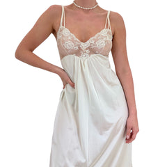 90s Rare Vintage White Satin Lace Maxi Slip Dress [S]