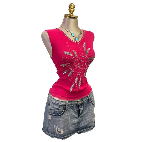 Y2K Vintage Pink Silver Sequin Mesh Top  [M]
